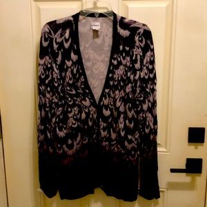 Chicos size 2, purple, beige, and black print long sleeve sweater